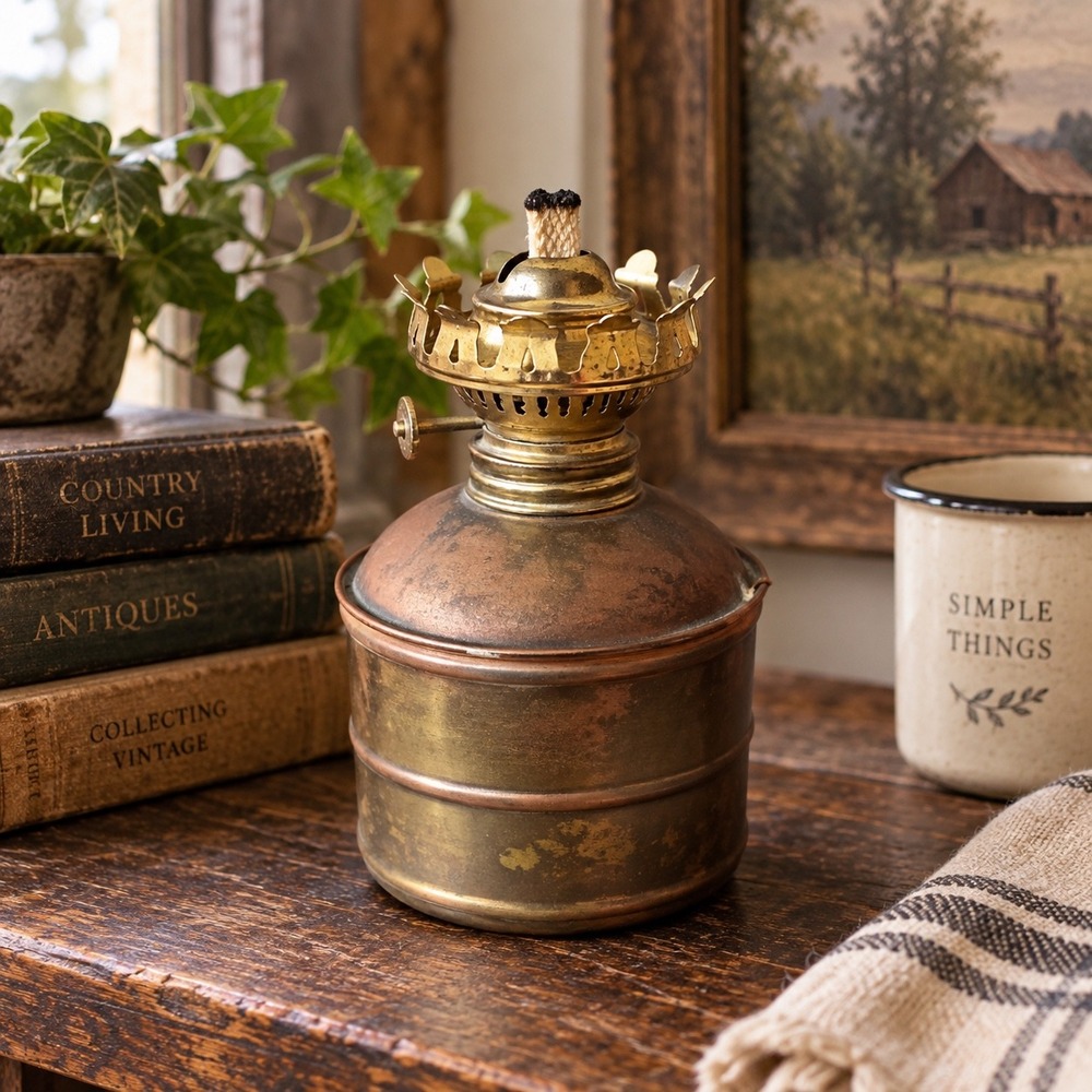Vintage Brass Oil Lamp Kerosene Lantern Rustic Aged Patina Small Tabletop Light
